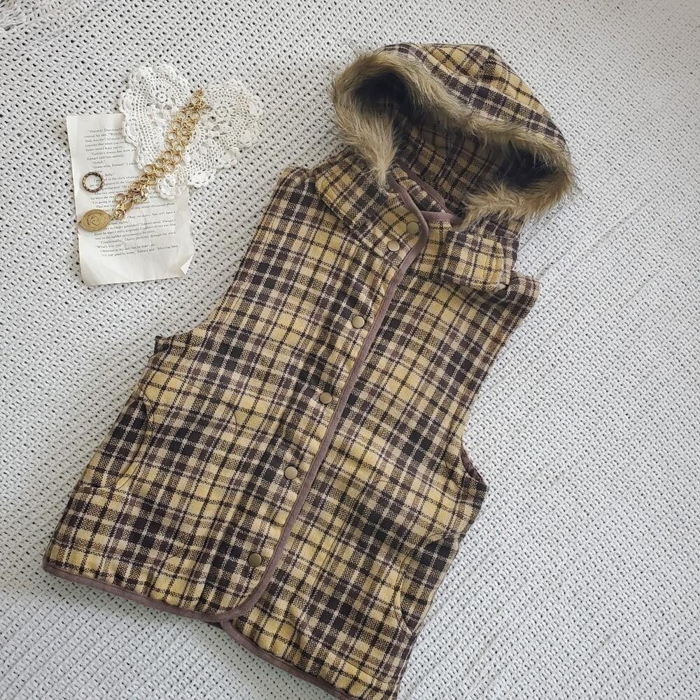 y2k Vintage sashimi yellow and brown fur lined hood vest - Picture 1 of 8